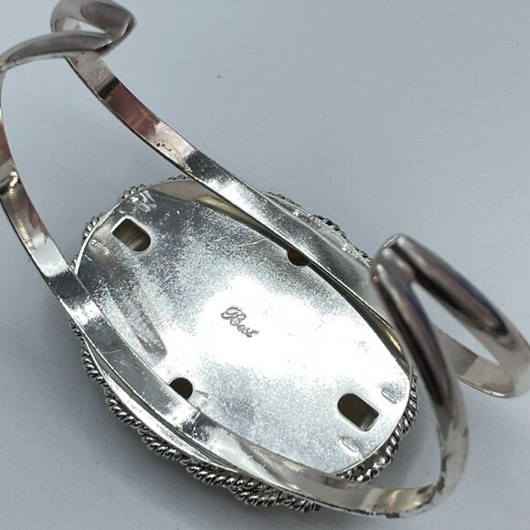 Vintage Best Silver Tone Turquoise Blue Acrylic Cabochon Open Cuff Bracelet - Picture 5 of 7